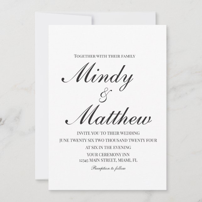 Minimalist Black and White Script Wedding Inbjudningar (Framsida)