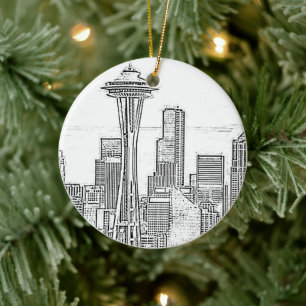 Minimalist Black and White Seattle Skyline Julgransprydnad Keramik