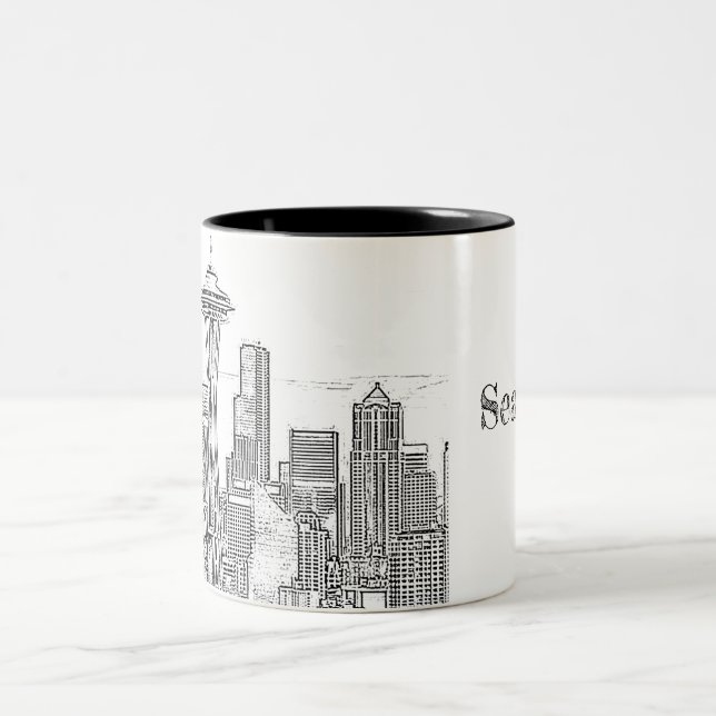 Minimalist Black and White Seattle Skyline Två-Tonad Mugg (Center)