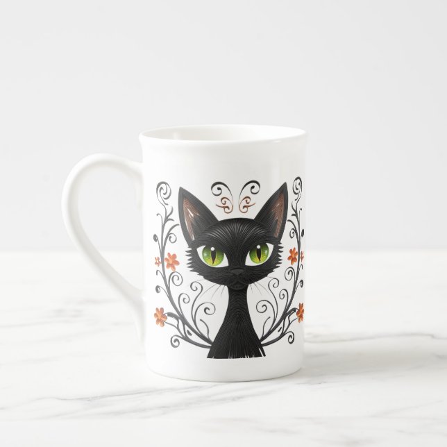 Minimalist Black Cat Green Eyes Filigree Design Benporslin Mugg (Vänster)