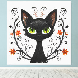 Minimalist Black Cat Green Eyes Filigree Design Canvastryck