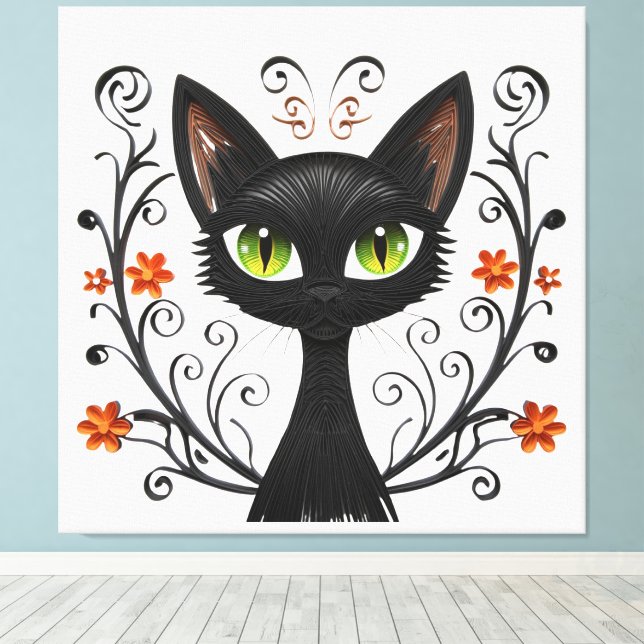 Minimalist Black Cat Green Eyes Filigree Design Canvastryck (Insitu (trägolv))