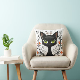 Minimalist Black Cat Green Eyes Filigree Design Kudde