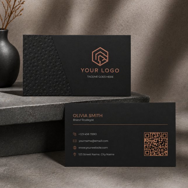 Minimalist Black Copper Geometric QR Code Visitkort (Minimalist Luxury Black & Copper Business Card | Modern QR Code Design)