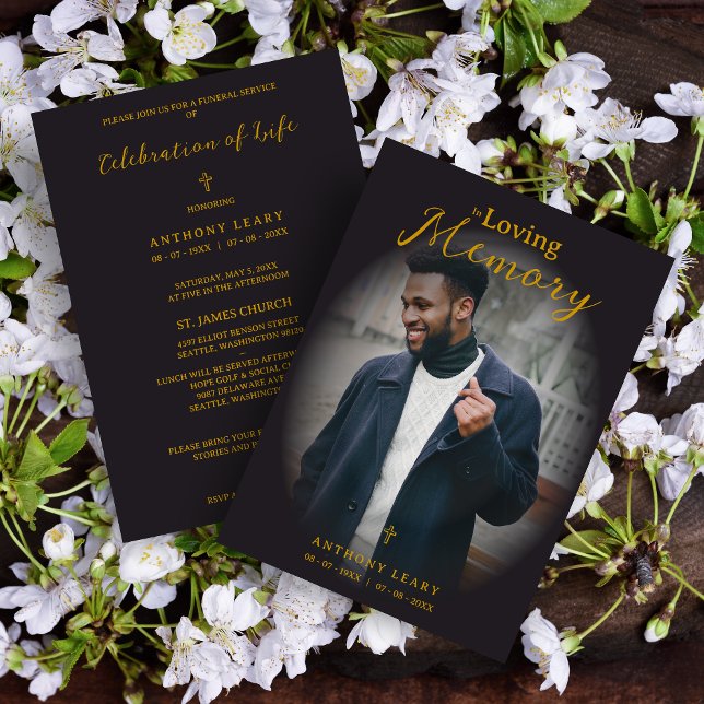 Minimalist Black Gradient Overlay Photo Funeral Inbjudningar (Minimalist Black Fake Golden Effect Transparency Overlay Photo Funeral Card with Envelope. )