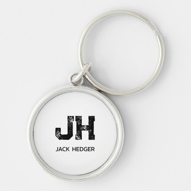MINIMALIST BLACK TWO LETTER MONOGRAM NAME WHITE RUND SILVERFÄRGAD NYCKELRING (Framsidan)