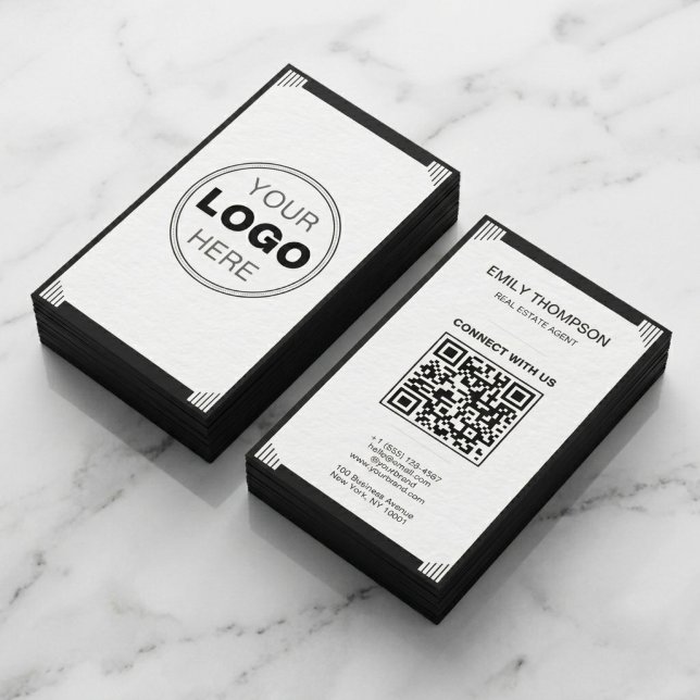 Minimalist Black White Art Deco Logo QR Code Visitkort (Modern Art Deco QR Code Business Card | Minimalist Black & White Branding)