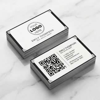 Minimalist Black White Art Deco Logo QR Code Visitkort