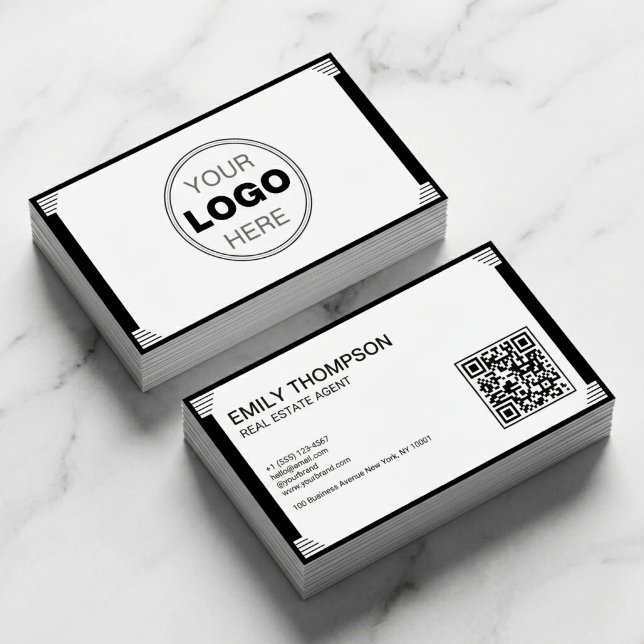 Minimalist Black White Art Deco Logo QR Code Visitkort (Modern Minimalist Real Estate Business Card with QR Code | Art Deco Branding)
