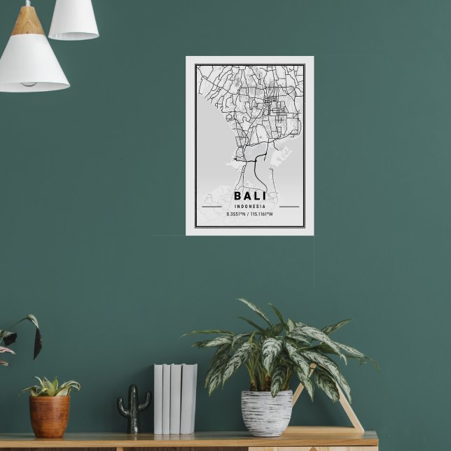 Minimalist Black & White Bali City Map  Poster (Vardagsrum 1)