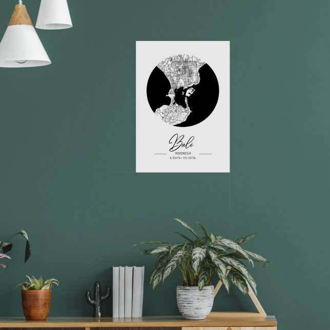 Minimalist Black & White Bali City Map  Poster (Vardagsrum 1)