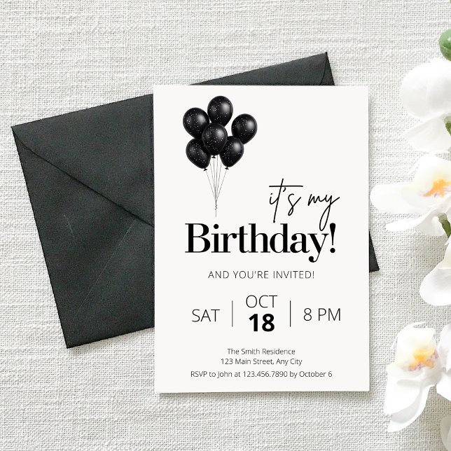 Minimalist Black & White Balloon Birthday Inbjudningar (Skapare uppladdad)