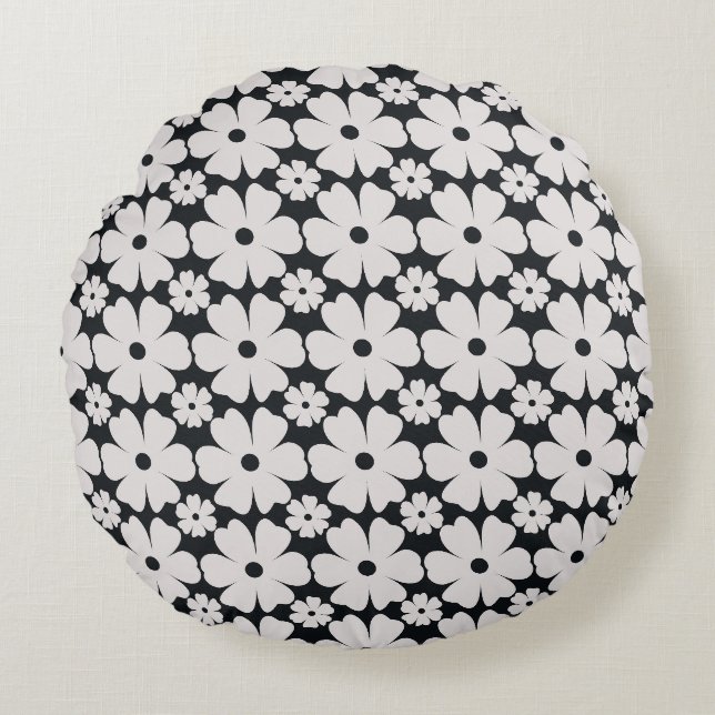 Minimalist black & white daisy pattern rund kudde (Framsidan)