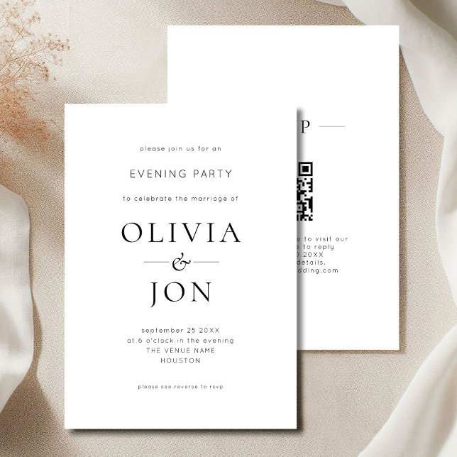 Minimalist Black White QR Code Wedding Evening Inbjudningar (Front and back view)