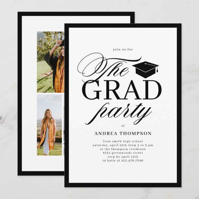 Minimalist Black White Script Grad Party Photo  Inbjudningar (Fram/baksida)