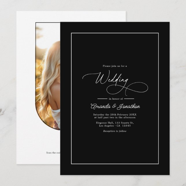 Minimalist Black & White Timeless Wedding QR Code Inbjudningar (Fram/baksida)