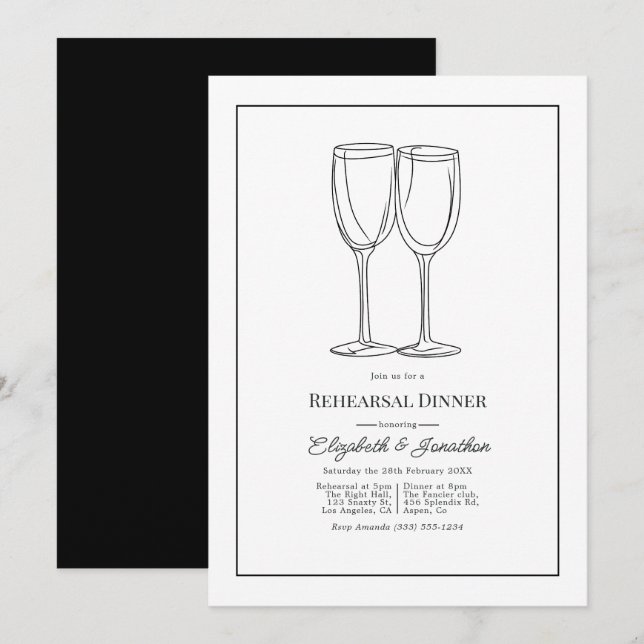 Minimalist Black & White Wedding Rehearsal Dinner Inbjudningar (Fram/baksida)