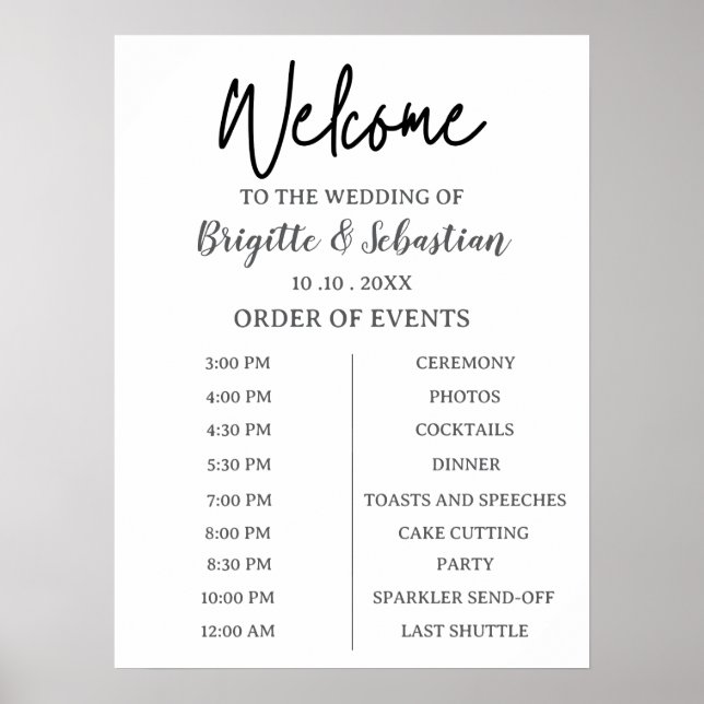Minimalist Black & White Wedding Welcome Timeline Poster (Framsidan)