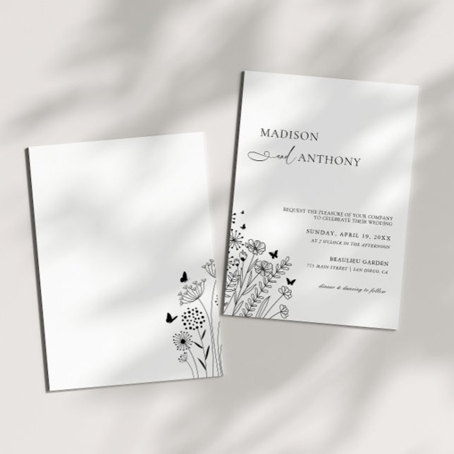 Minimalist Black White Wildblomma Bröllop Inbjudningar (Skapare uppladdad)