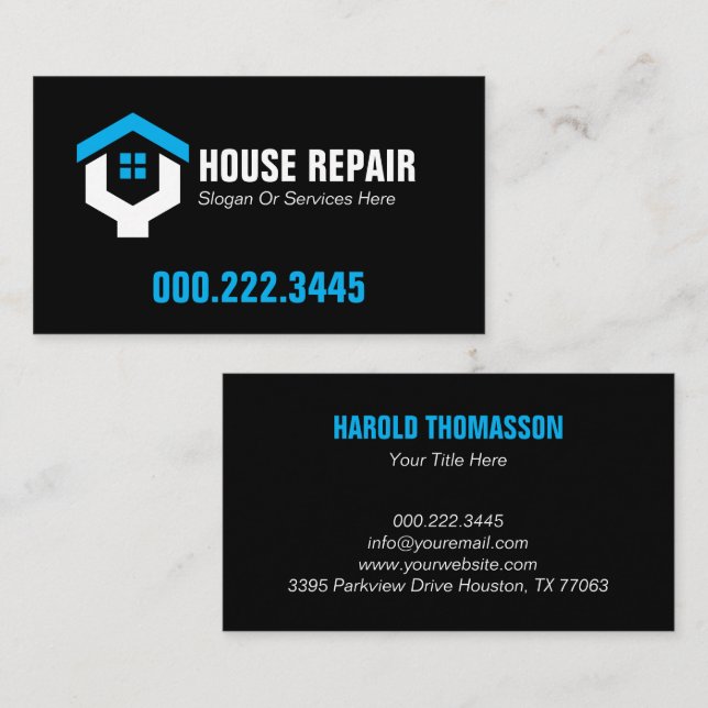 Minimalist Blue Black House Repair Contractor Visitkort (Fram/baksida)
