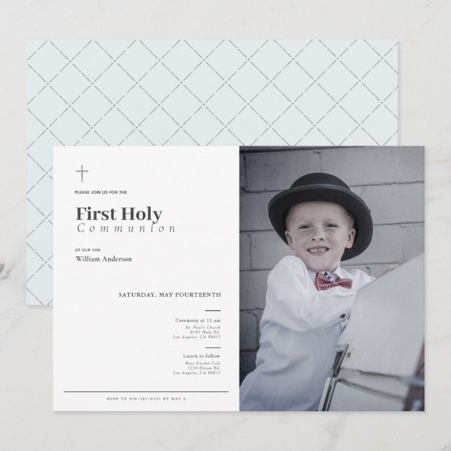 Minimalist Blue Boy Photo First Heliga Communion Inbjudningar (Fram/baksida)