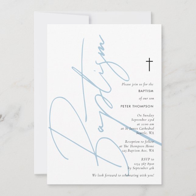 Minimalist Blue Boy Script Baptism Christening Inbjudningar (Framsida)