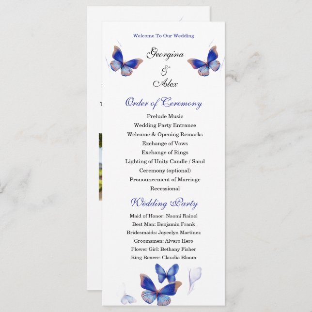 Minimalist Blue Editable Photo Wedding Program (Fram/baksida)