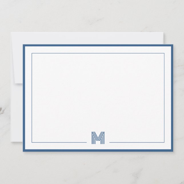 Minimalist Blue Monogram Double Border Stationery Anteckningskort (Framsida)