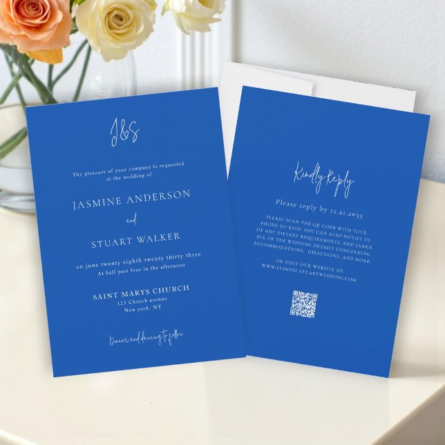 Minimalist Blue Wedding Invitation QR Website link Inbjudningar (Skapare uppladdad)