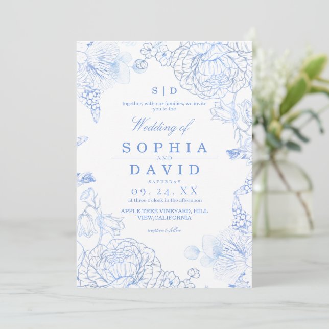 Minimalist Blue WildFlower Rustic Wedding  Inbjudningar (Stående Fram)