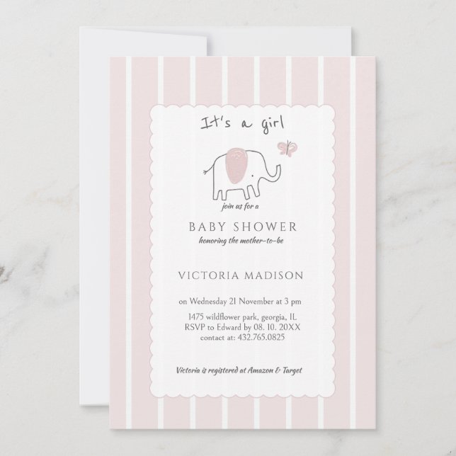 Minimalist Blush Pink Elephant Sketch Its a Girl  Inbjudningar (Framsida)