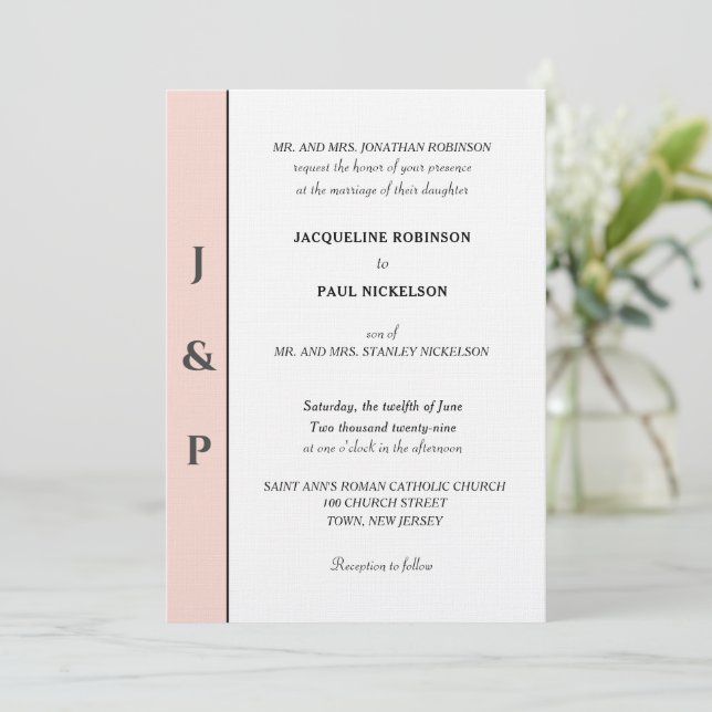 Minimalist Blush White Monogram  Inbjudningar (Stående Fram)