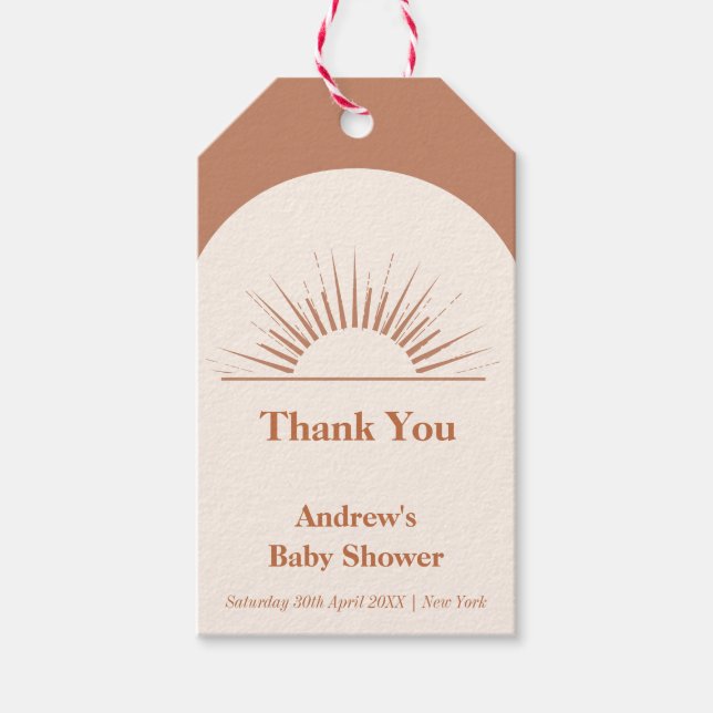 Minimalist Boho Arch Sunshine Baby Shower Presentetikett (Framsidan)