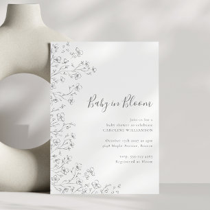 Minimalist Boho Black White Blommigt Art Baby Show Inbjudningar