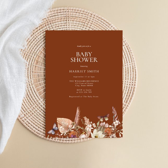 Minimalist Boho Blommigt Terracotta Baby Shower Inbjudningar (Skapare uppladdad)