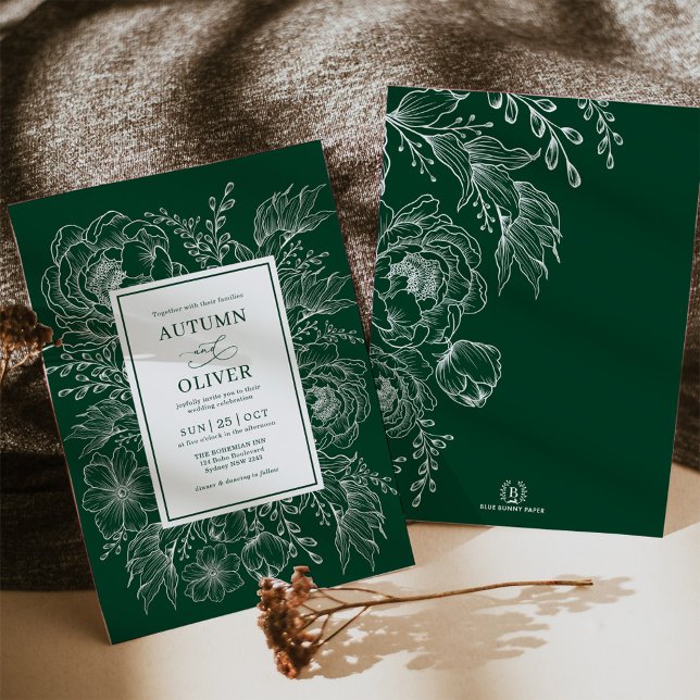 Minimalist Boho Botanical Emerald Grönt Bröllop Inbjudningar (Skapare uppladdad)