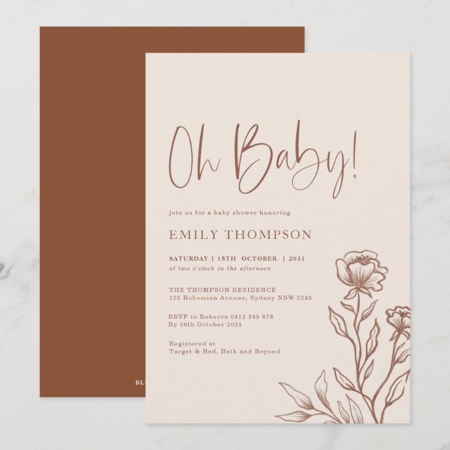 Minimalist Boho botanical Terracotta Baby Shower Inbjudningar (Fram/baksida)