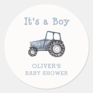 Minimalist Boho Boy Watercolor Tractor Baby Shower Runt Klistermärke