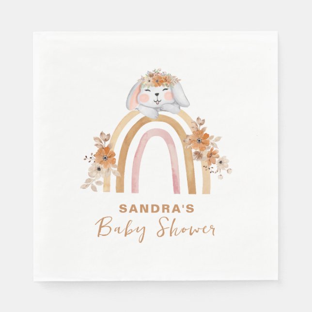 Minimalist Boho Bunny Rainbow Blommigt Baby Shower Pappersservett (Framsidan)