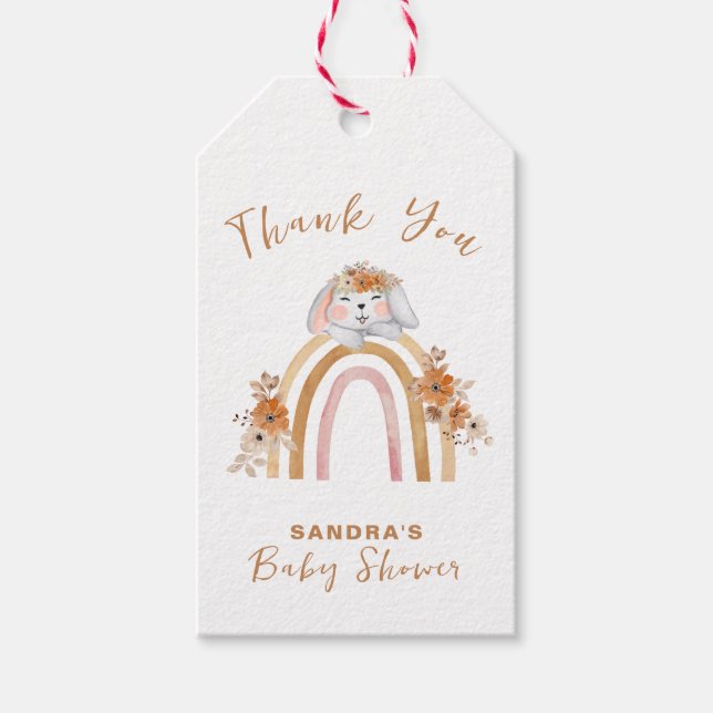 Minimalist Boho Bunny Rainbow Blommigt Baby Shower Presentetikett (Framsidan)