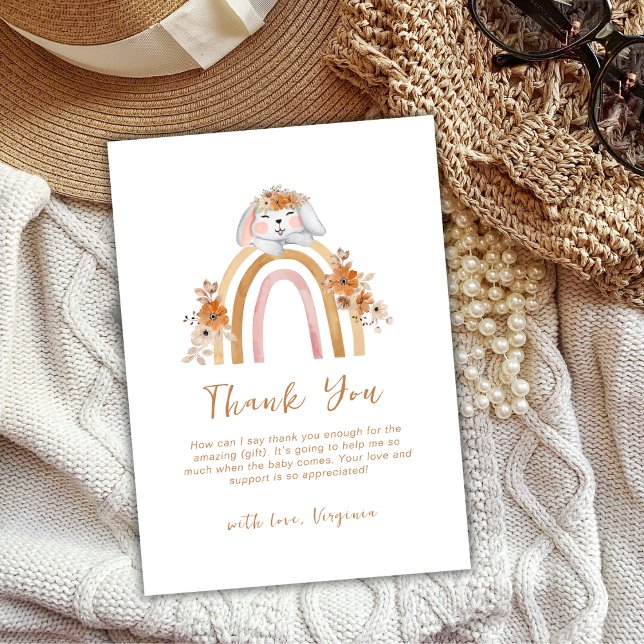 Minimalist Boho Bunny Rainbow Blommigt Baby Shower Tack Kort (Minimalist Boho Bunny Rainbow Floral Baby Shower Thank You Card)