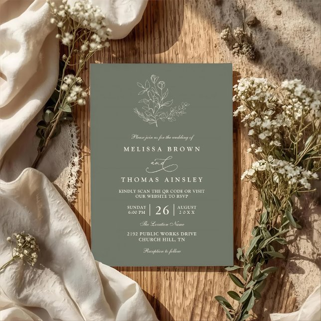 Minimalist Boho Floral Sage Modern QR Code Wedding Inbjudningar (Skapare uppladdad)