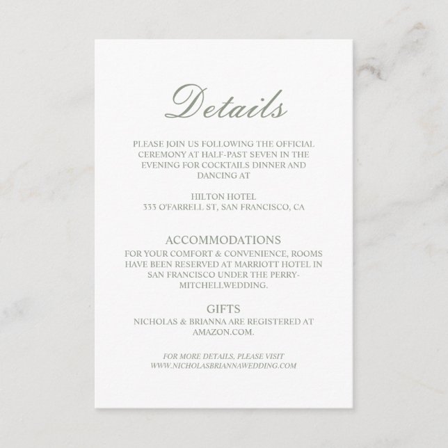 Minimalist Boho Green Elegant Wedding Details Tilläggskort (Framsida)