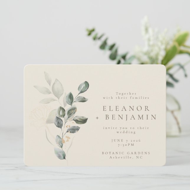 Minimalist Boho Grönt Eucalyptus Botanical Bröllop Inbjudningar (Stående Fram)