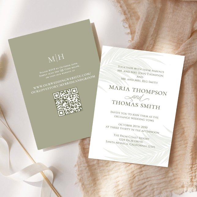 Minimalist Boho Handflatan Löv Bröllop Inbjudningar (Elegant Boho tropical palm leaves wedding invitation. With a scannable QR Code. )
