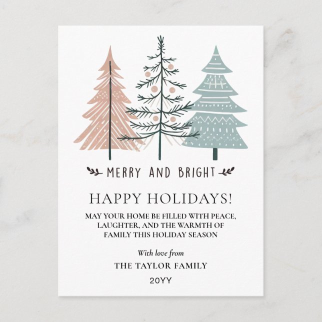 Minimalist Boho Merry and Bright Christmas Trees Helg Vykort (Framsida)