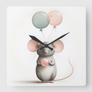 Minimalist Boho Mouse Balloon Nursery Kids Room Fyrkantig Klocka