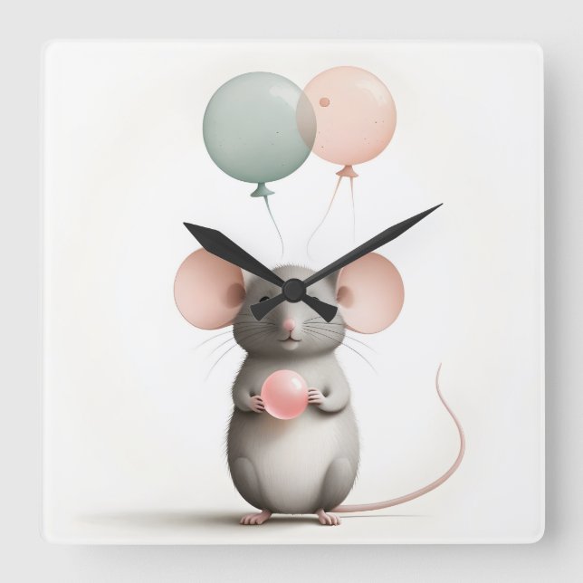 Minimalist Boho Mouse Balloon Nursery Kids Room Fyrkantig Klocka (Framsida)