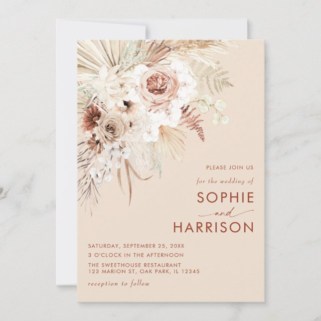 Minimalist Boho Pampas Grass Bröllop Inbjudningar (Framsida)