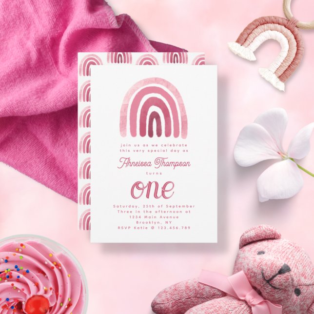 Minimalist Boho Rosa Rainbow Första födelsedag Inbjudningar (Skapare uppladdad)